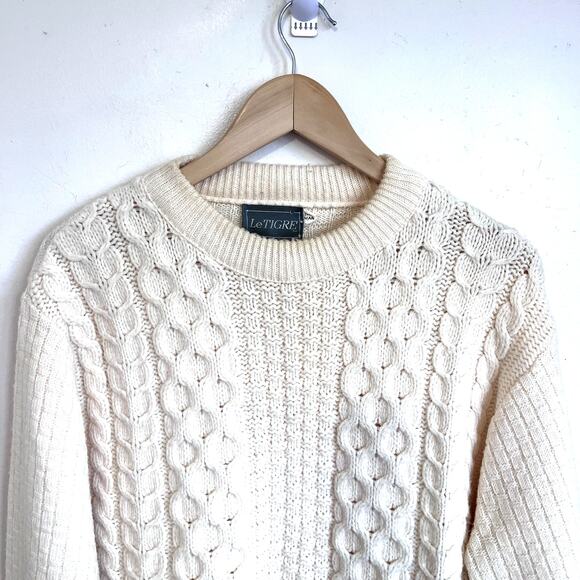 Vintage Le Tigre Fisherman Mens Sweater Size LT Cream Chunky Cable Knit Coastal - Picture 3 of 7